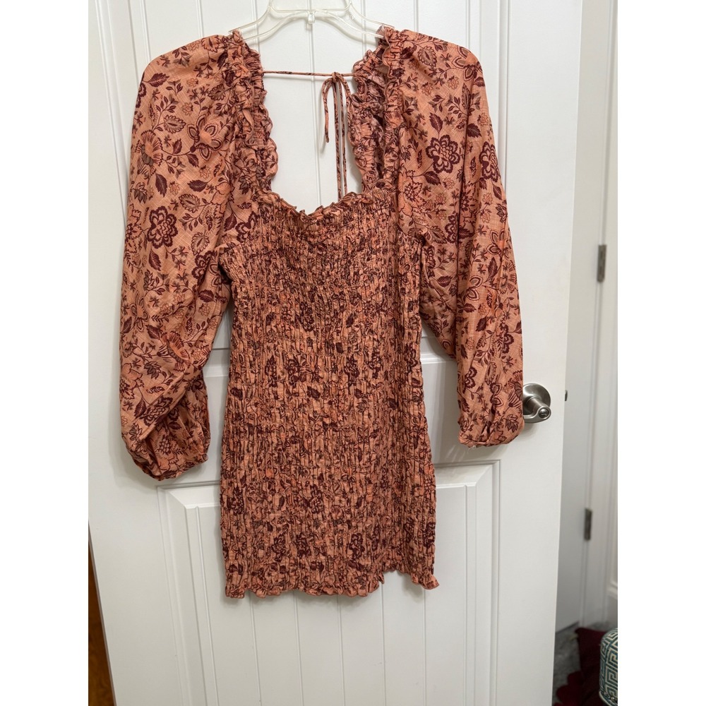 Free People Apricot Combo Mini Dress Floral Long Sleeve Smocked Ruffle Large